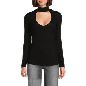 Michael Lauren Medium Choker Cut Out Top White V-Neck Long Sleeve Fitted Stretch